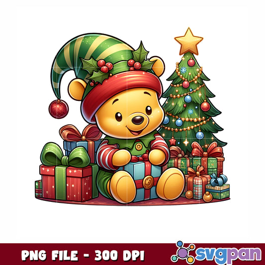 Winnie the pooh christmas png, christmas gifts png, cute pooh png