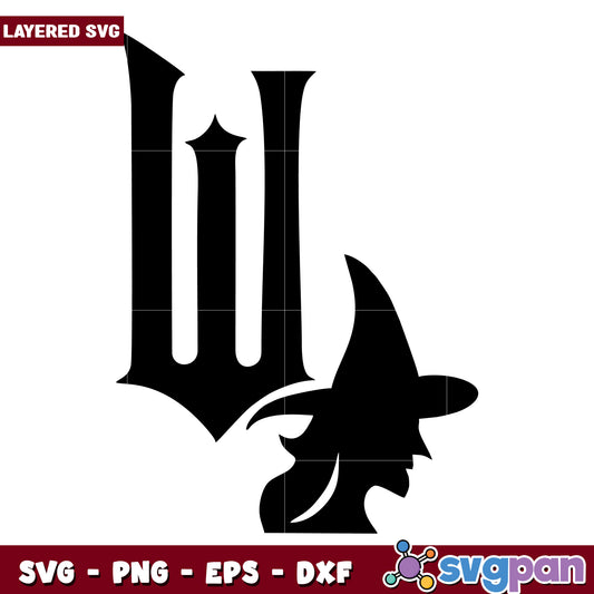 Witch Silhouette with Gothic W Initial SVG