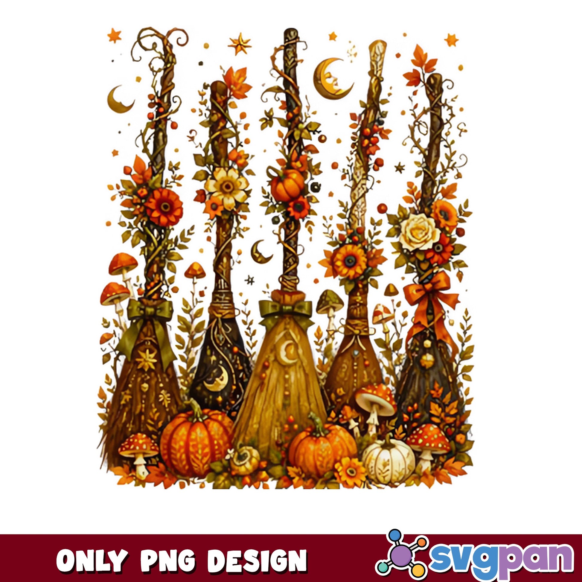 Witch Broom Halloween PNG, Fall Floral Pumpkin PNG, Boho Witch PNG