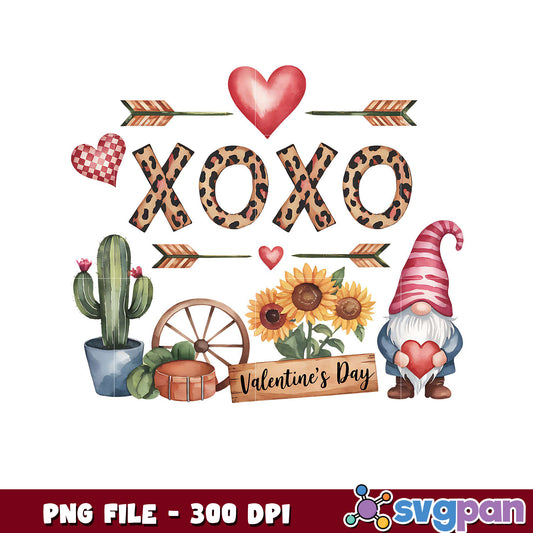 XOXO Valentine’s Day design with gnome and flowers, digital PNG