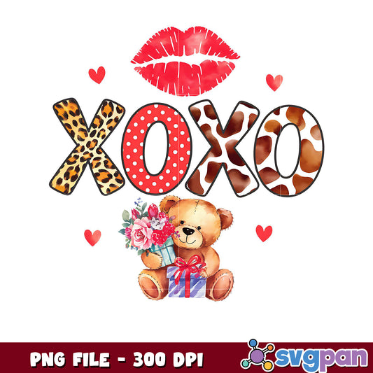 XOXO design with teddy bear and flowers, perfect for gifts