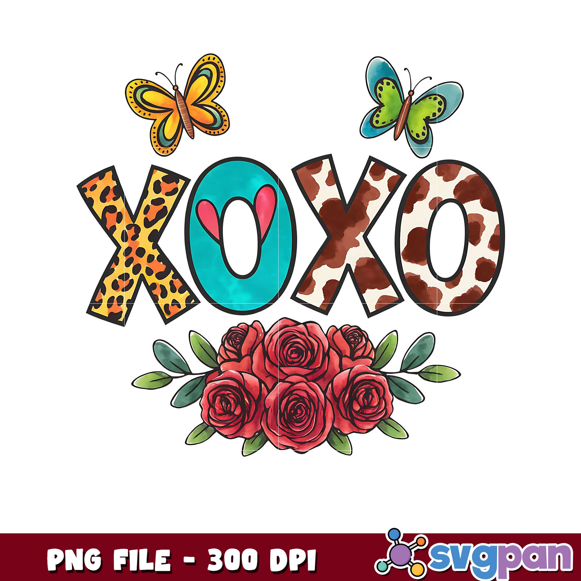 XOXO floral design for crafts, vibrant butterflies included