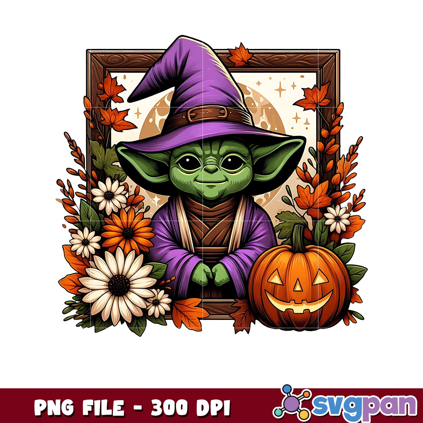 Yoda witch flowers design png, cartoon characters png, halloween png