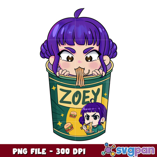 Zoey eating rameyeon png, kawaii food png, anime meal png