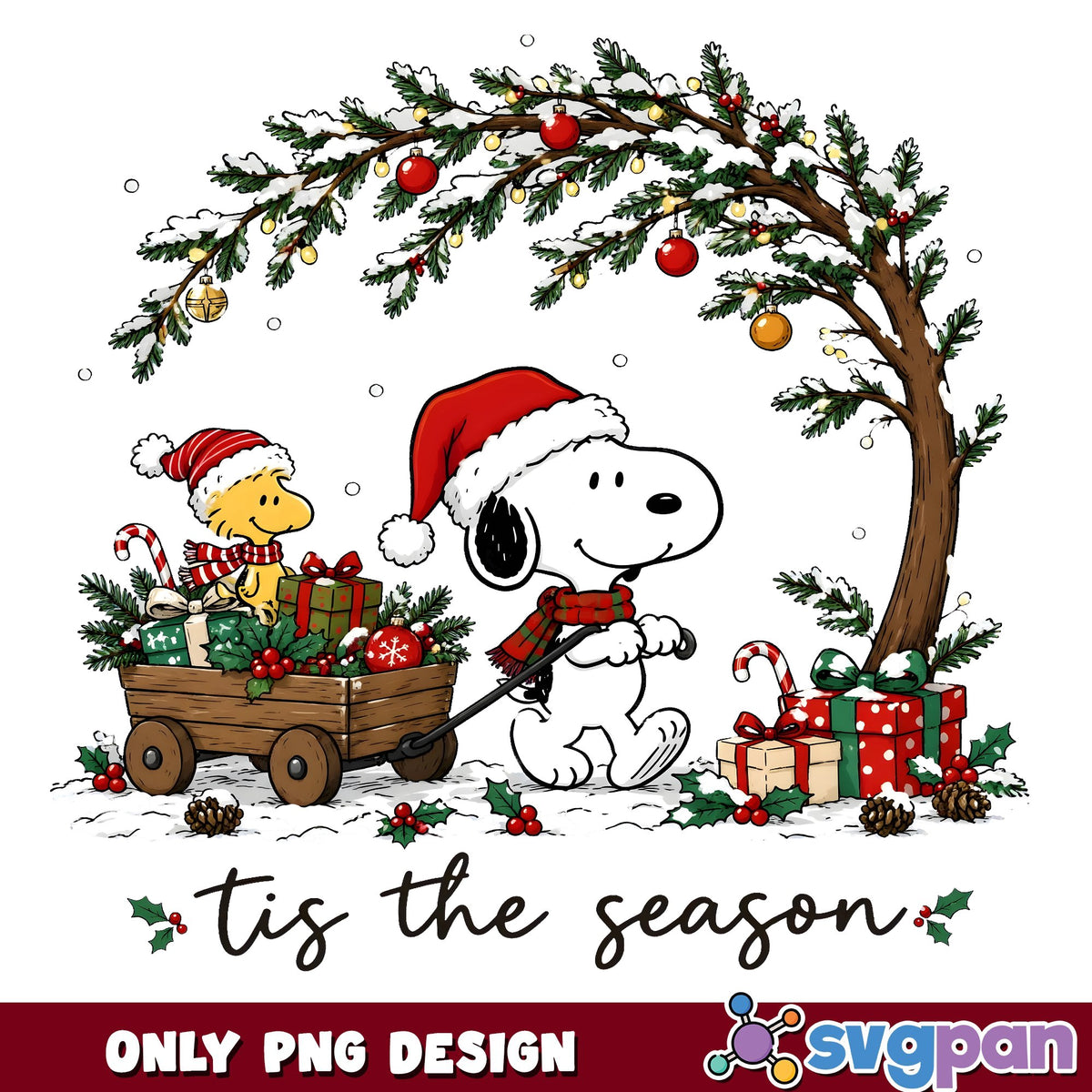 Snoopy Tis The Season Wagon PNG, Snoopy Christmas PNG, Woodstock PNG