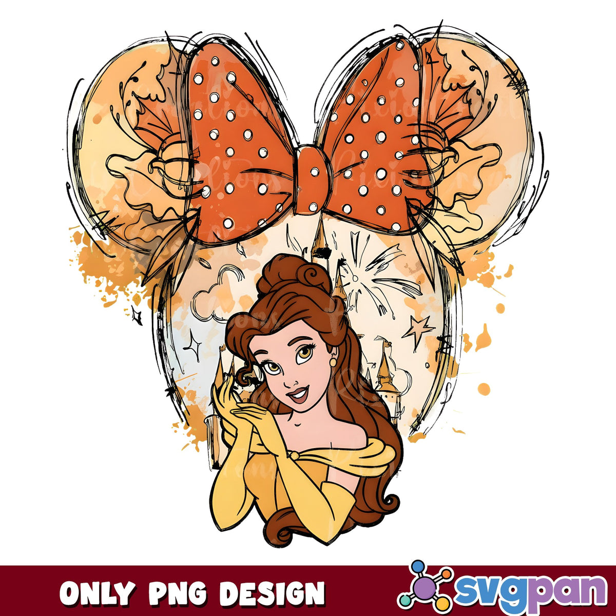 Belle Minnie Ears Watercolor Splash PNG, Belle PNG, Polka Dot Bow PNG