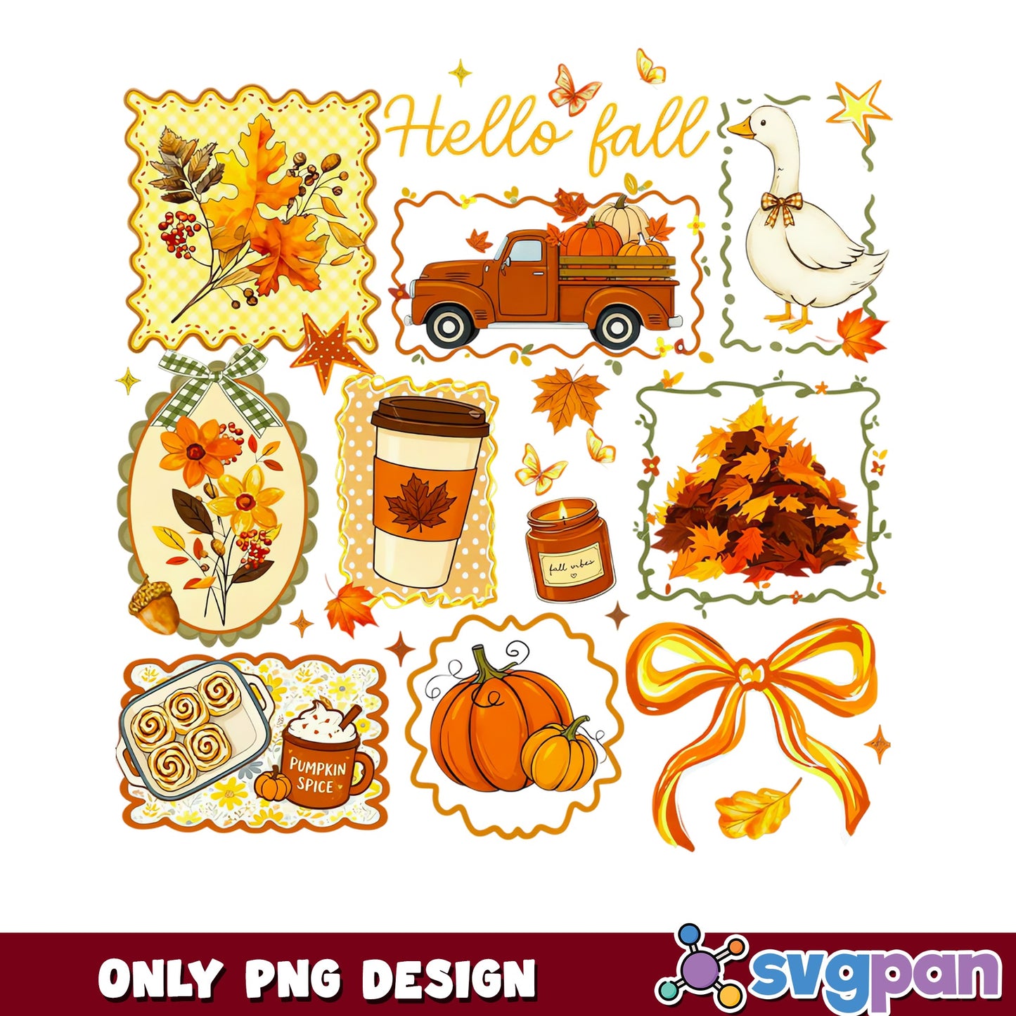 Hello Fall PNG Bundle, Pumpkin Spice Autumn Clipart, Fall PNG