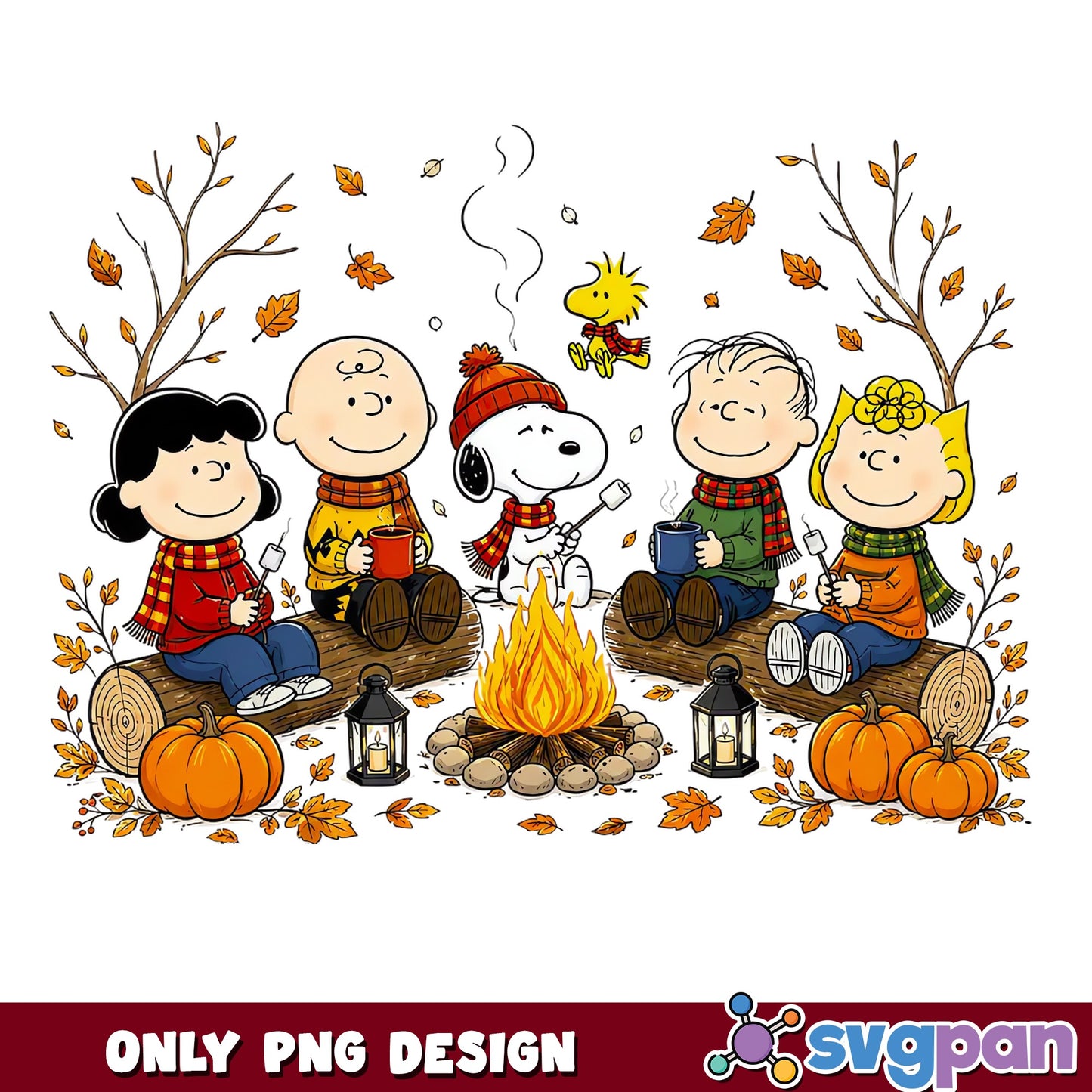 Peanuts Fall Campfire PNG, Snoopy Autumn Friends PNG, Thanksgiving PNG