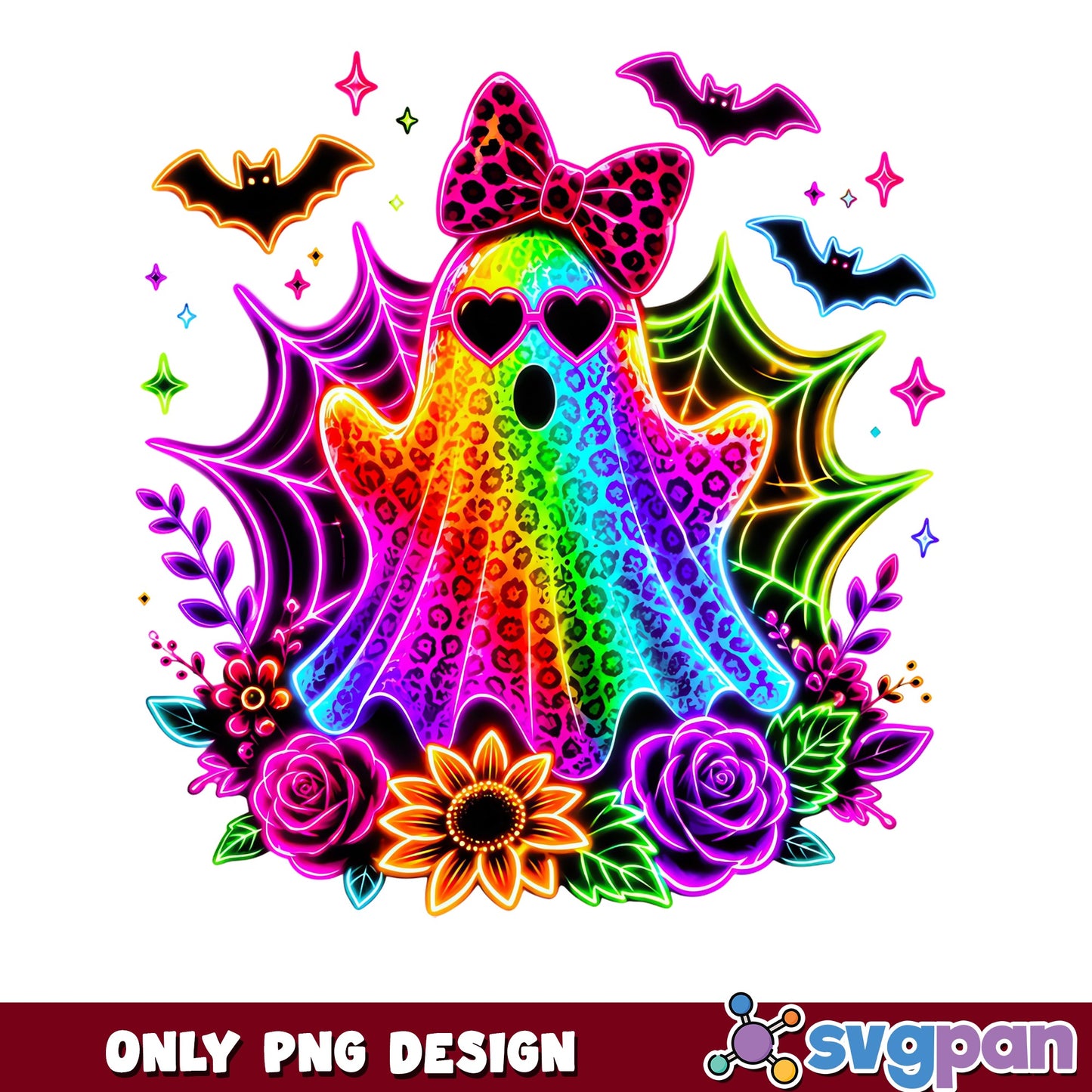 Neon Rainbow Ghost Halloween PNG, Leopard Bow Ghost PNG, Floral Halloween PNG