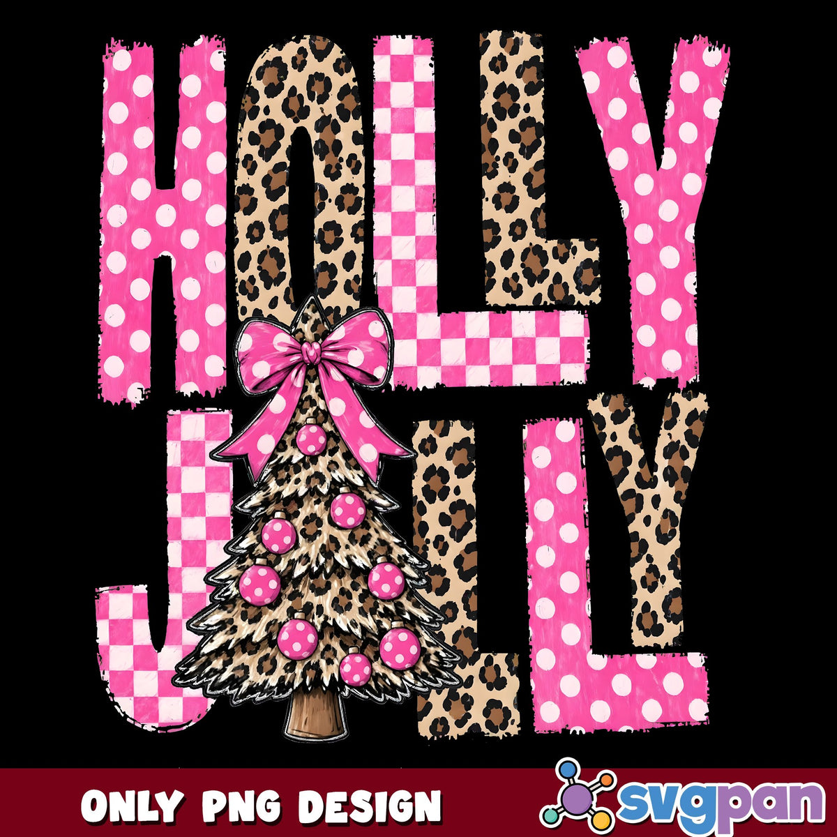 Holly Jolly Pink Leopard Tree PNG, Pink Polka Dot Bow PNG, Girly PNG