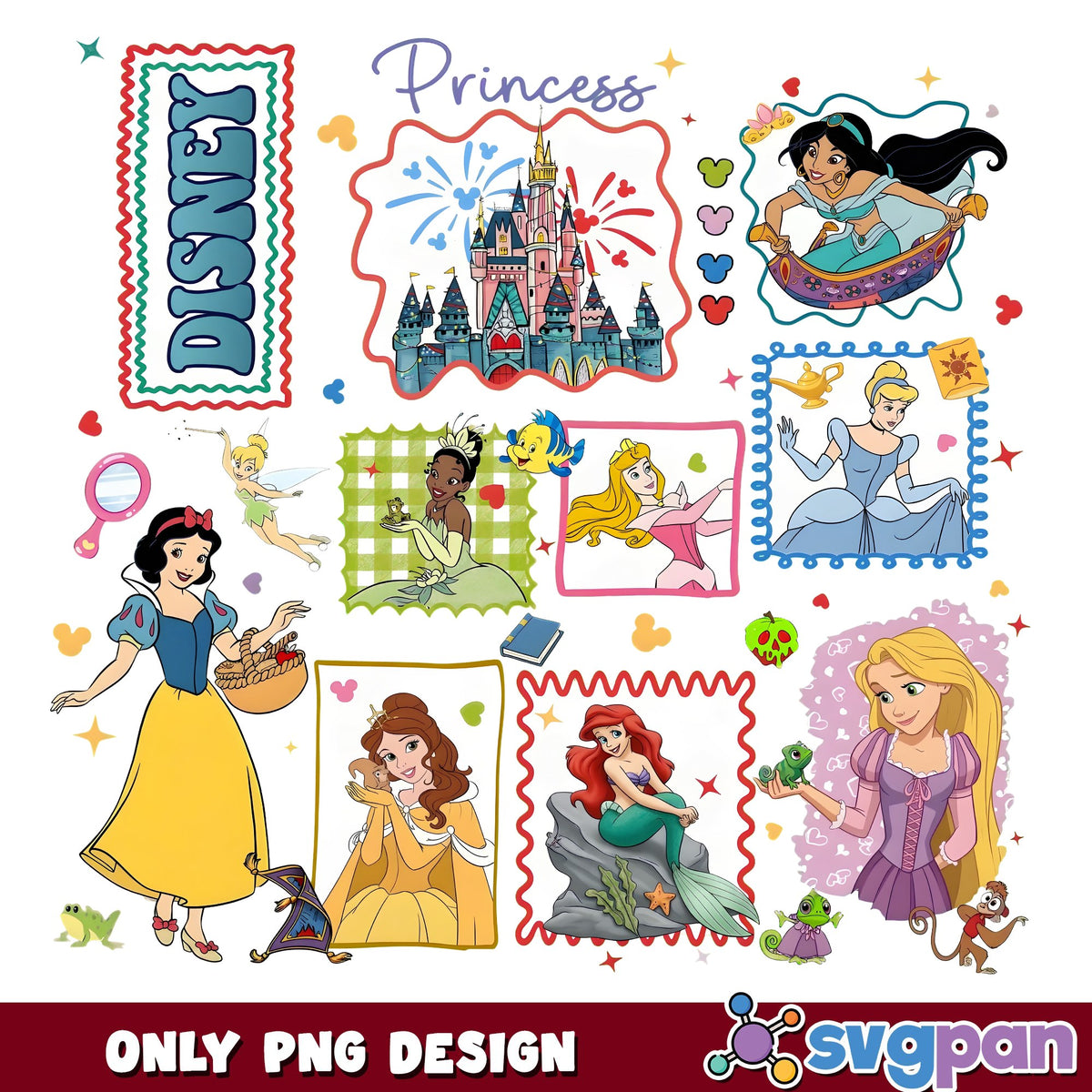 Princess Retro Stamp Stickers PNG, Princess Patches PNG, Castle PNG