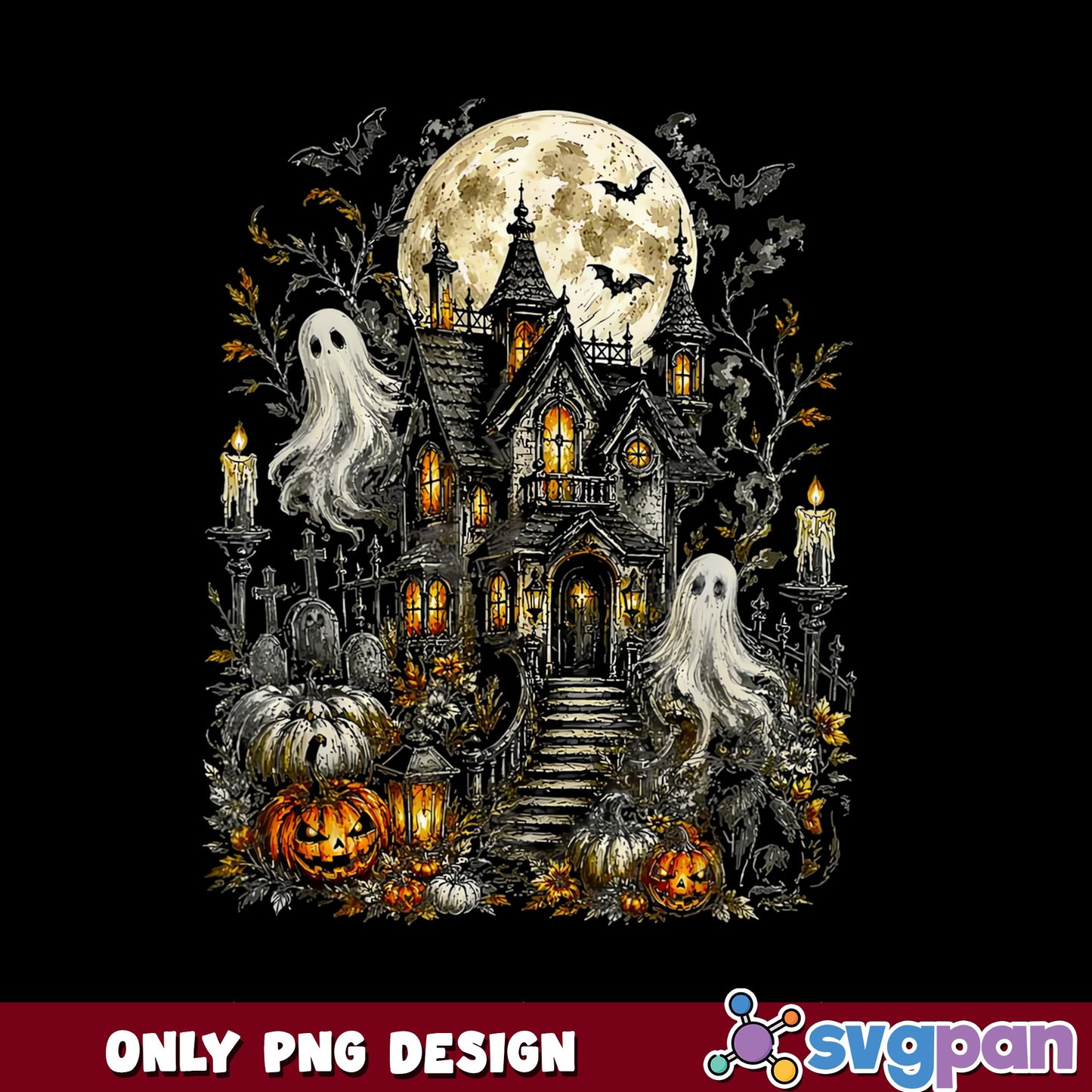 Halloween Haunted House PNG, Ghost Pumpkin Full Moon PNG, Spooky Halloween PNG