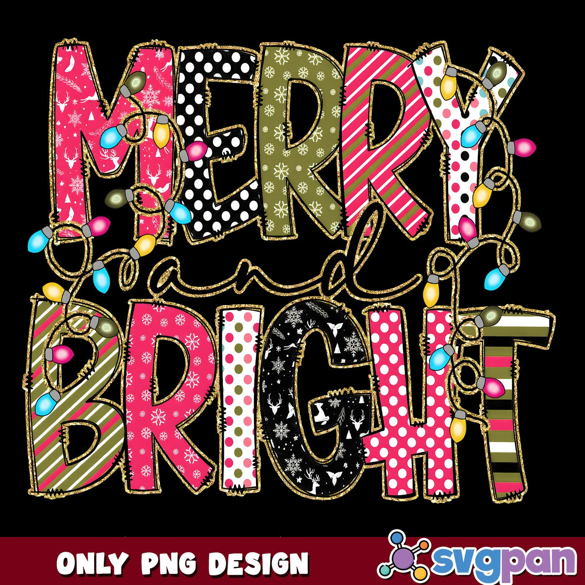 Merry And Bright Lights PNG, Glitter Christmas PNG, Pink Polka Dot PNG