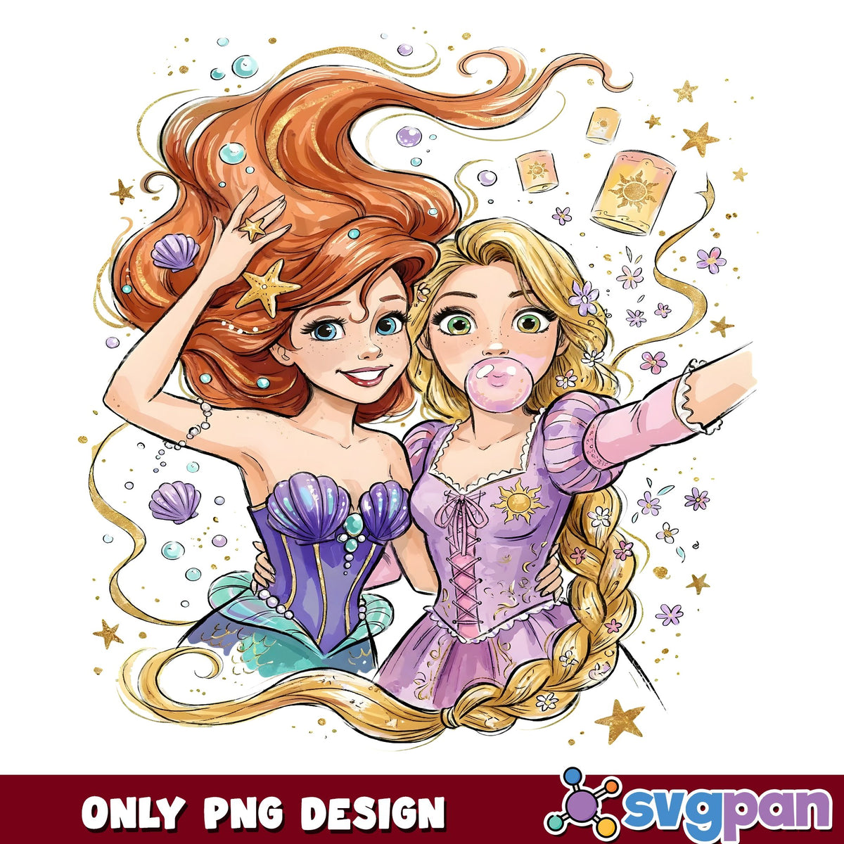 Ariel And Rapunzel Besties PNG, Princess Besties PNG, Bubble Gum PNG