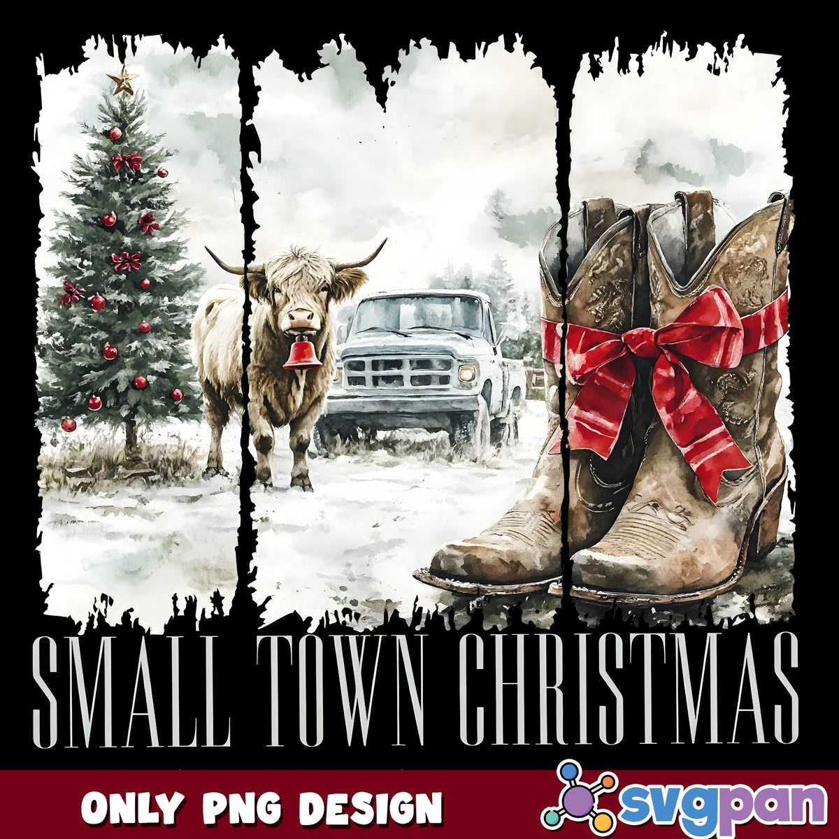 Small Town Christmas Western PNG, Highland Cow Truck PNG, Boots PNG