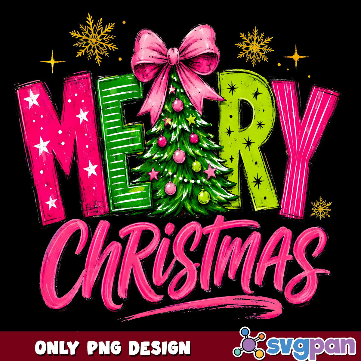 Merry Christmas Pink And Green PNG, Pink Bow Tree PNG, Bright Xmas PNG