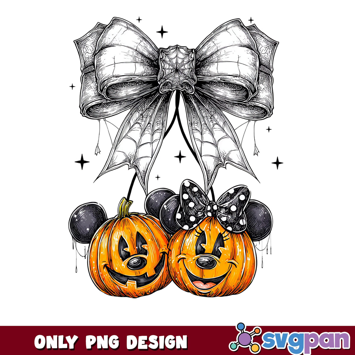 Mickey And Minnie Pumpkin Bow Halloween PNG, Spider Web, Disney PNG