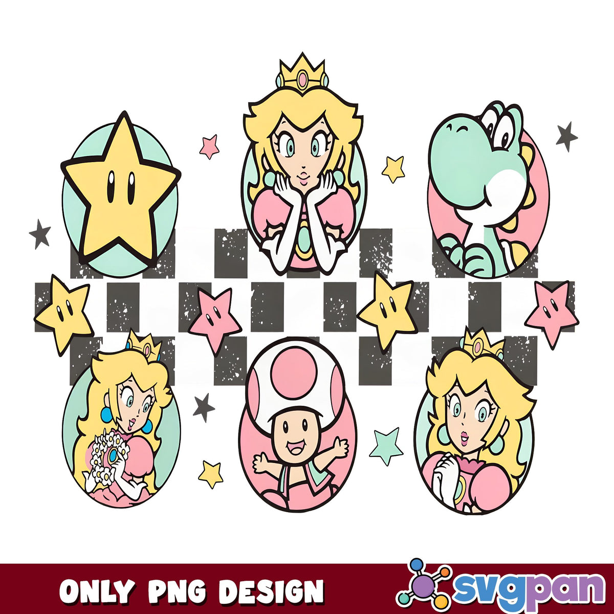 Pastel Princess Peach Yoshi Toad PNG, Super Mario PNG, Checkered PNG