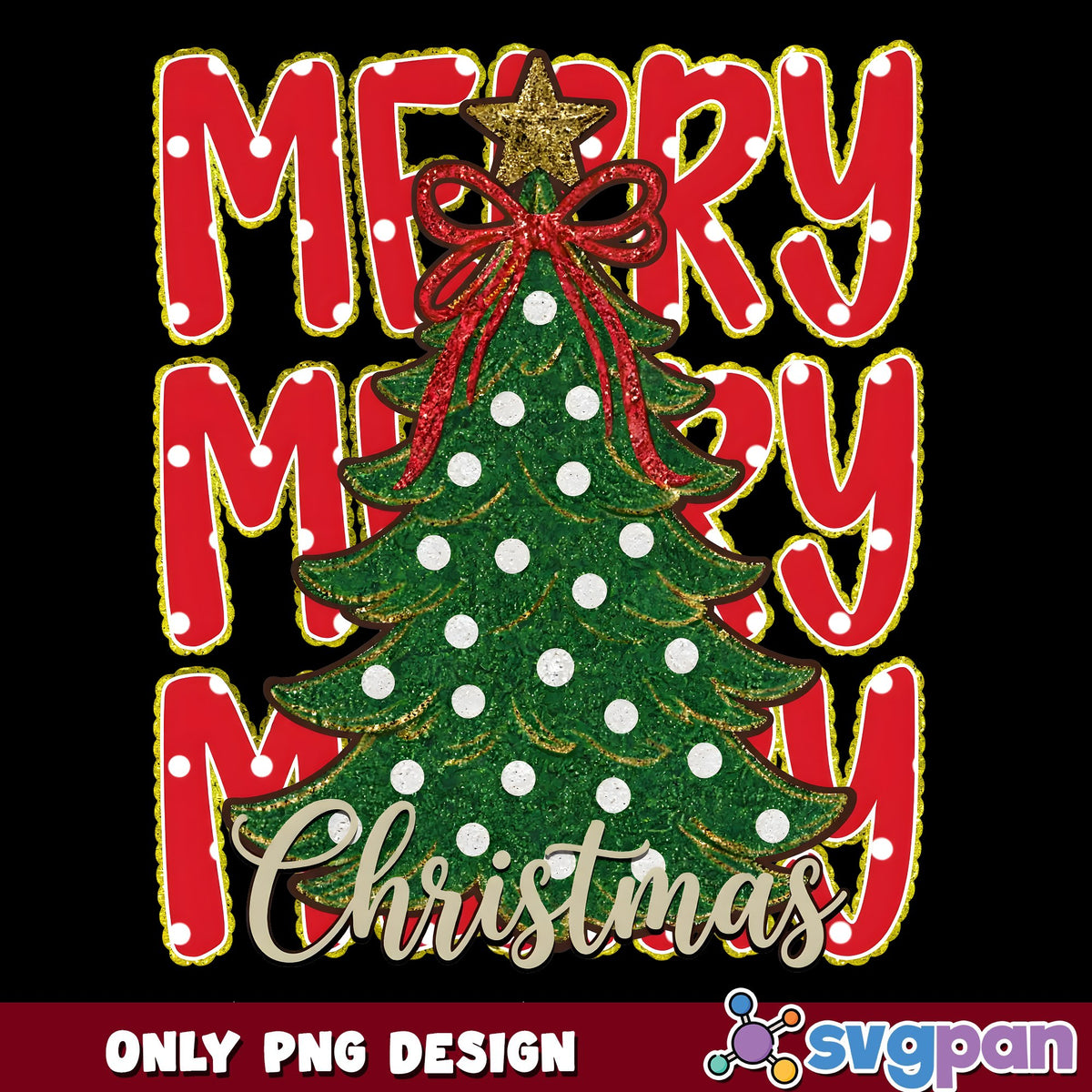 Merry Christmas Polka Dot Tree PNG, Red Glitter Stacked PNG, Bow PNG