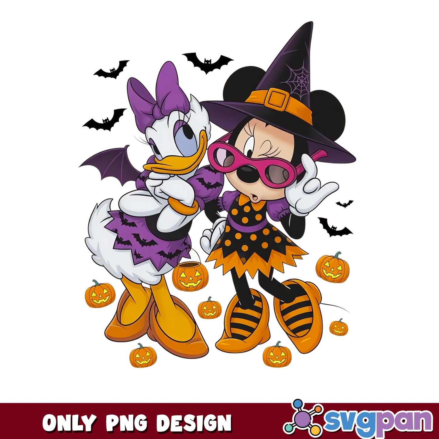 Minnie Mouse Daisy Duck Halloween Witch PNG, Pumpkin Bats, Disney PNG