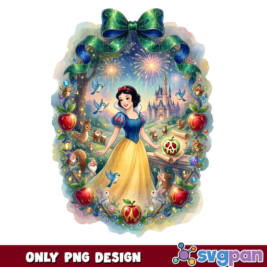 Snow White Apple Wreath Castle PNG, Disney Princess PNG, Birds PNG