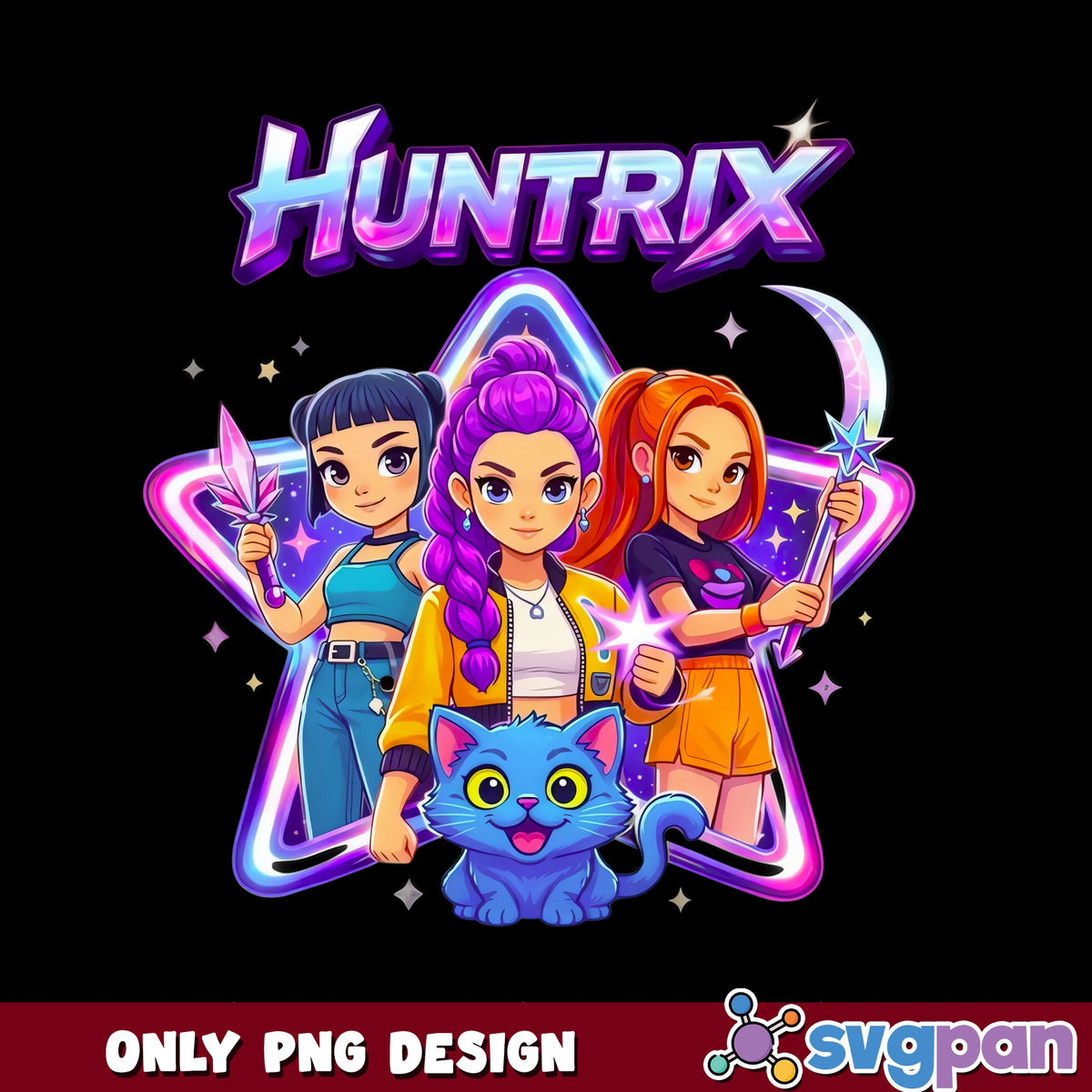Huntrix Cartoon Girls PNG, Magic Girl Squad PNG, Neon Star Design PNG
