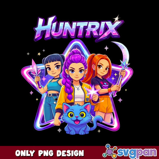 Huntrix Cartoon Girls PNG, Magic Girl Squad PNG, Neon Star Design PNG