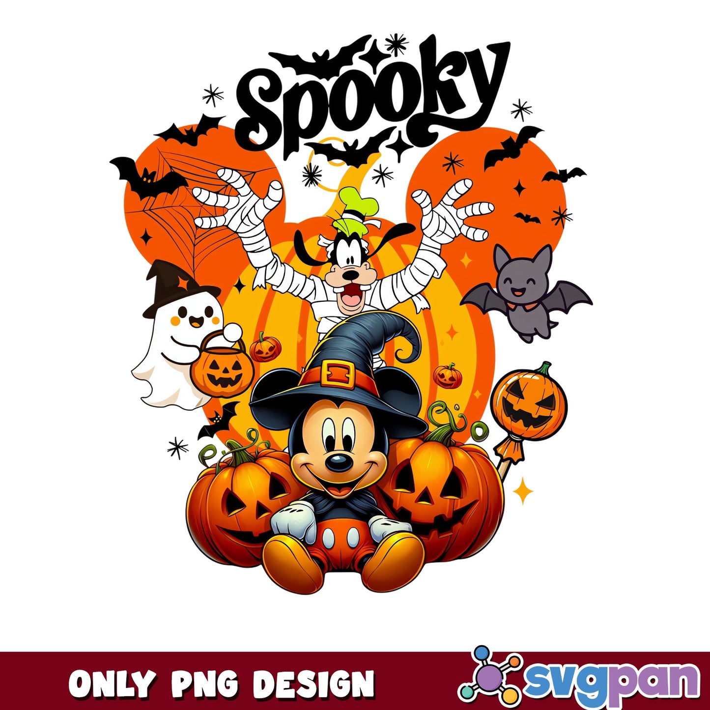 Mickey Mouse Witch Goofy Mummy Spooky Halloween PNG, Pumpkin Bats, PNG