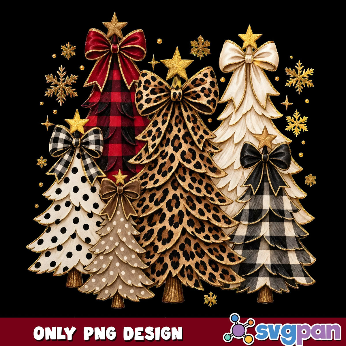 Leopard Christmas Trees Bow PNG, Buffalo Plaid Trees PNG, Coquette PNG