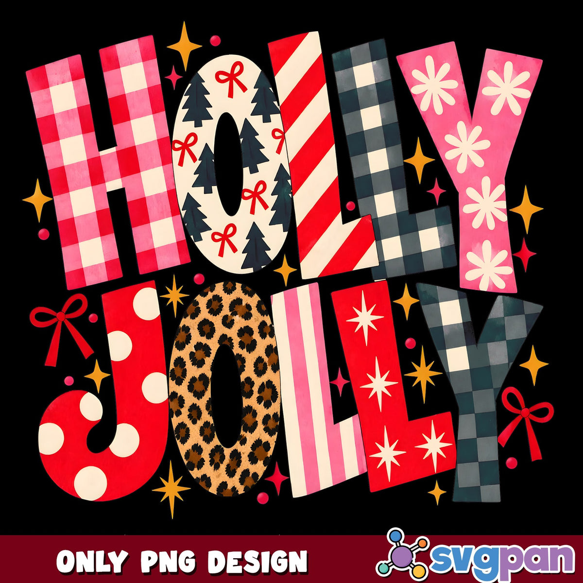 Holly Jolly Retro Patterns PNG, Pink Gingham Leopard PNG, Stars PNG