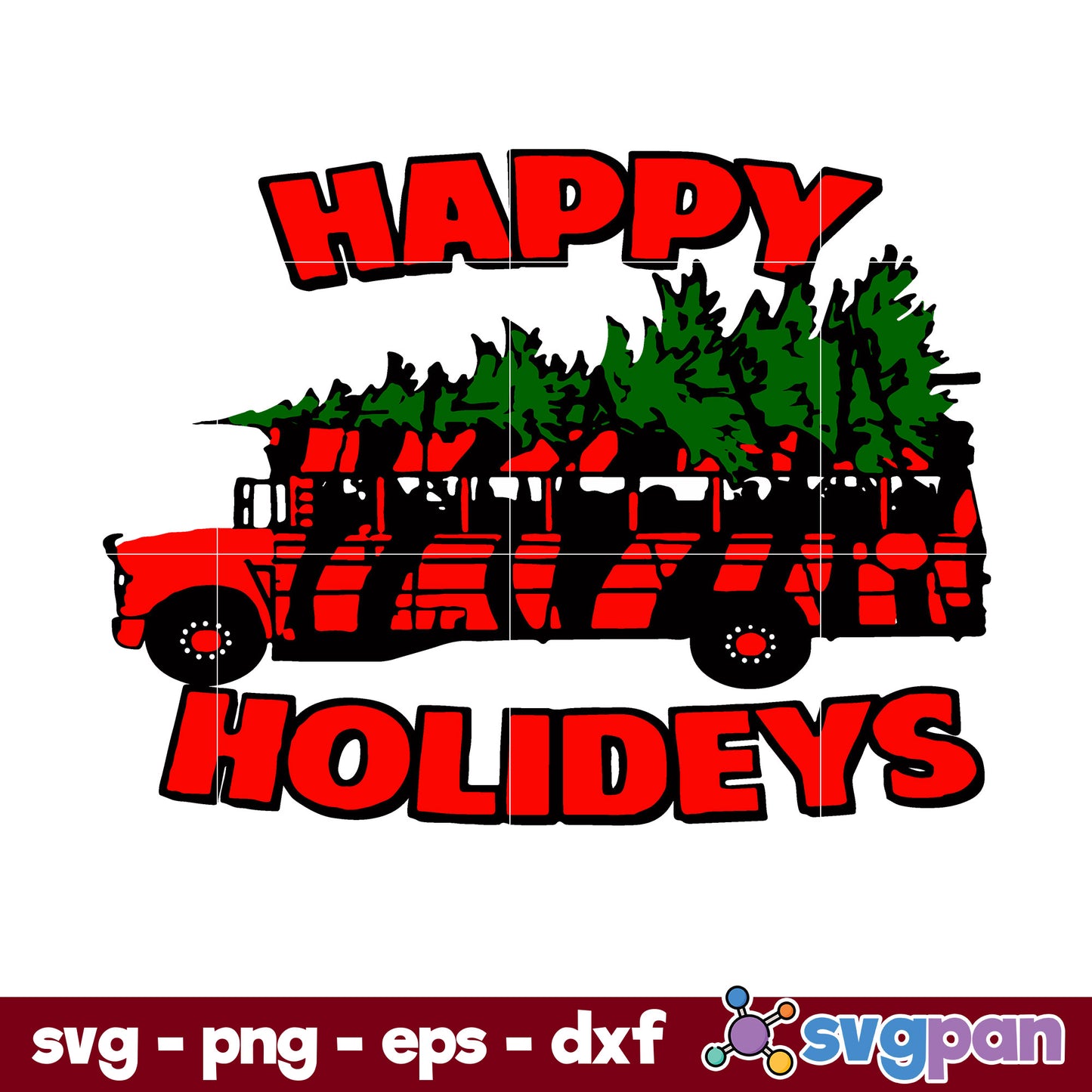 Happy Holideys Red Bus With Christmas Tree SVG, Christmas SVG, PNG DXF EPS Digital File.