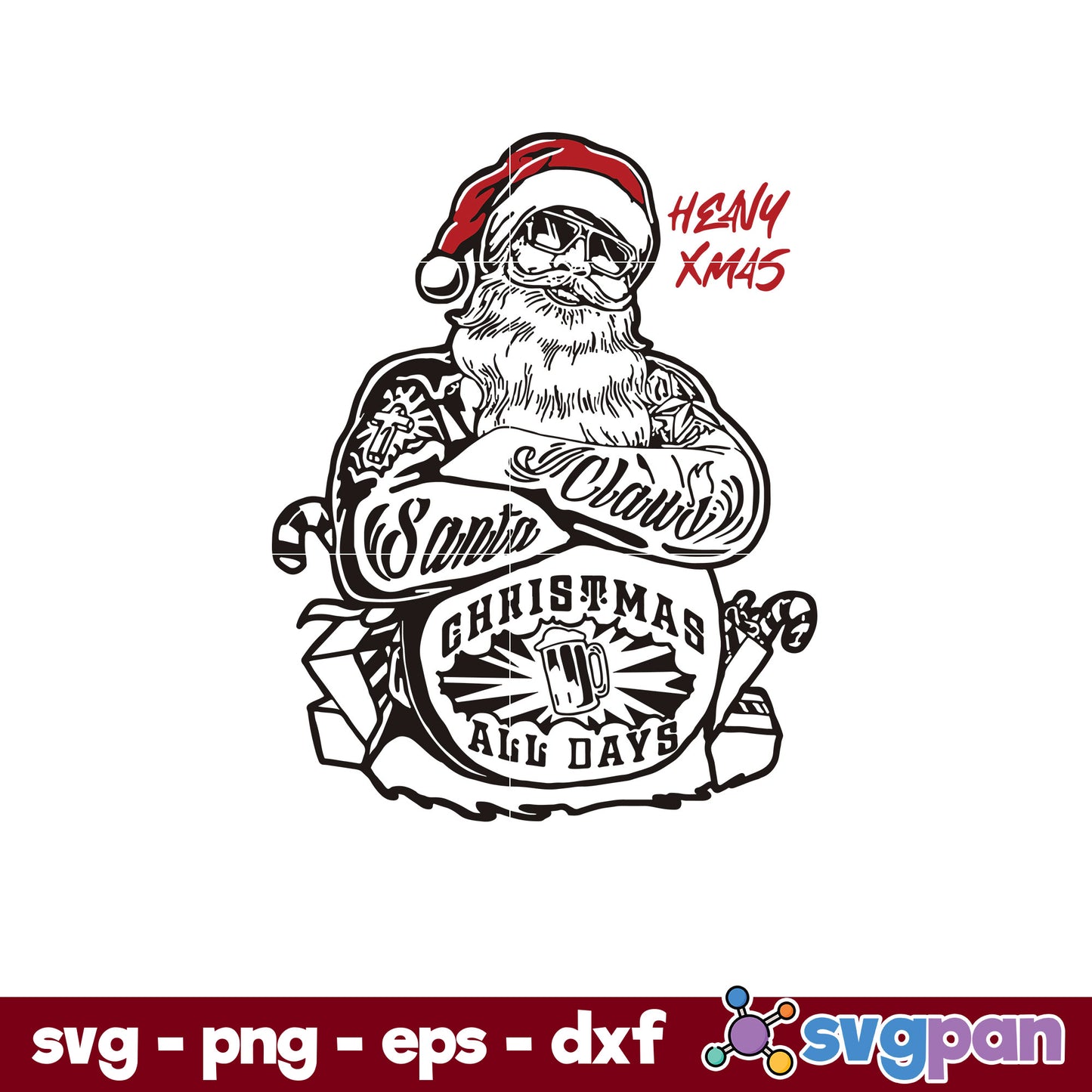 Tattoo Heavy Xmas Santa Claus SVG, Christmas SVG, PNG DXF EPS Digital File.