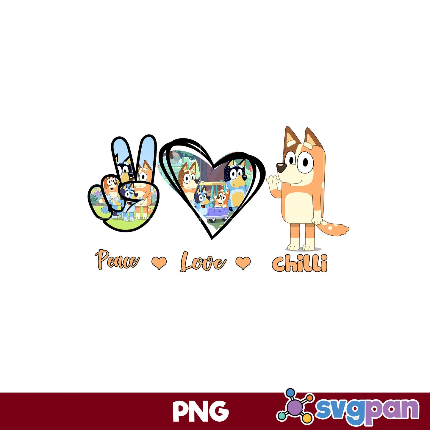 Peace Love Chilli PNG, Bluey PNG, Cartoon PNG Digital File.