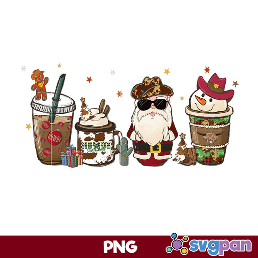 Santa Claus Cowboy Christmas PNG, Snowman Cowboy Christmas Coffee PNG.