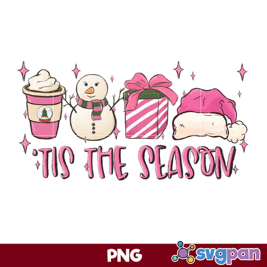 Tis The Season PNG, Santa Claus Hat, Snowman, Gift Christmas Coffee PNG.