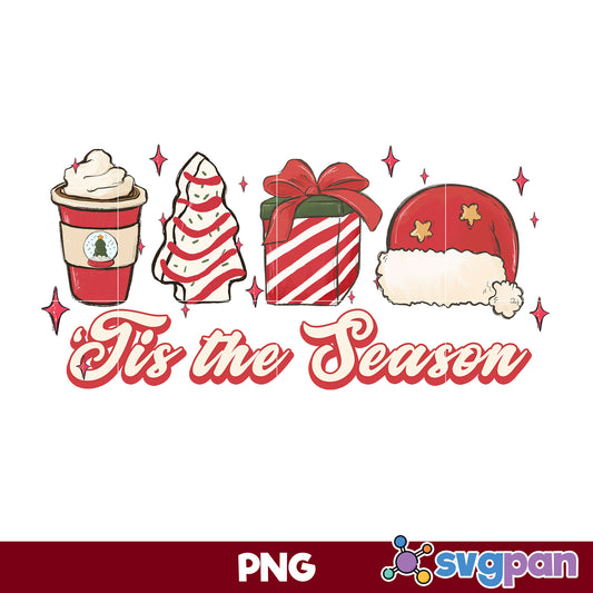 Tis The Season PNG, Santa Claus Hat, Gift, Tree Christmas Coffee PNG.